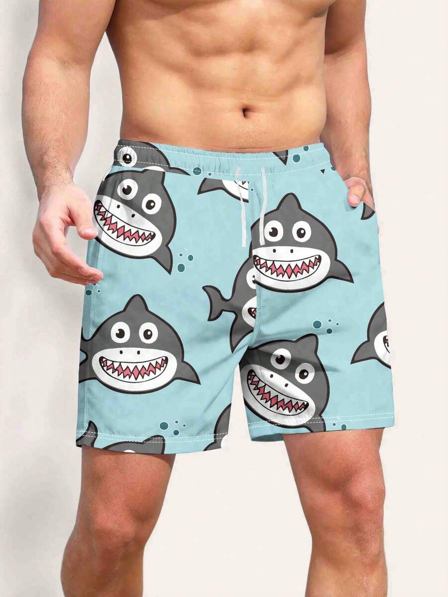 Casual & Fashionable 3D Printed Beach-Themed Drawstring Swim Trunks - Blue - View 1