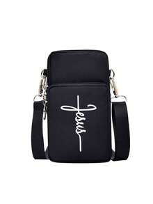 Fashion "Jesus" Print Crossbody Bag, Outdoor Sports Mini Phone Pouch Wallet With Earphone Hole, Phone Bag, Arm Bag, Coin Purse, Adjustable Strap, Multi-Zipper Vertical Wallet, Suitable For Daily Use, Sports, Travel, Running, Hiking, Cycling, Ideal Gift For Friends, Relatives, Family - Black - View 11