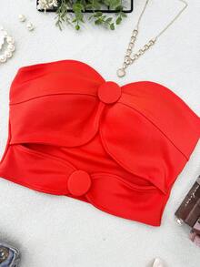 ELLIE Cropped Feminino Tomara Que Caia com Detalhes em Botão - Laranja - Visão 4