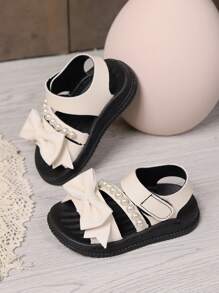 1 Paar Mädchen Perlen-Schleifen-Dekor PU-Leder offene Zehenspitze weiche Sohle lässige Modeschuhe Sandalen, geeignet für den Sommer
