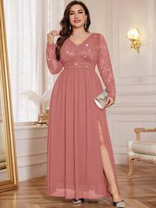 Plus Size Deep V-Neck Sequin Floral Lace Contrast Color Chiffon Slit Maxi Dress, Elegant Formal Gown For Prom, Wedding Guest, Valentine's Day, Graduation Ceremony, Banquet, Homecoming, Holidays - Dusty Pink - View 2