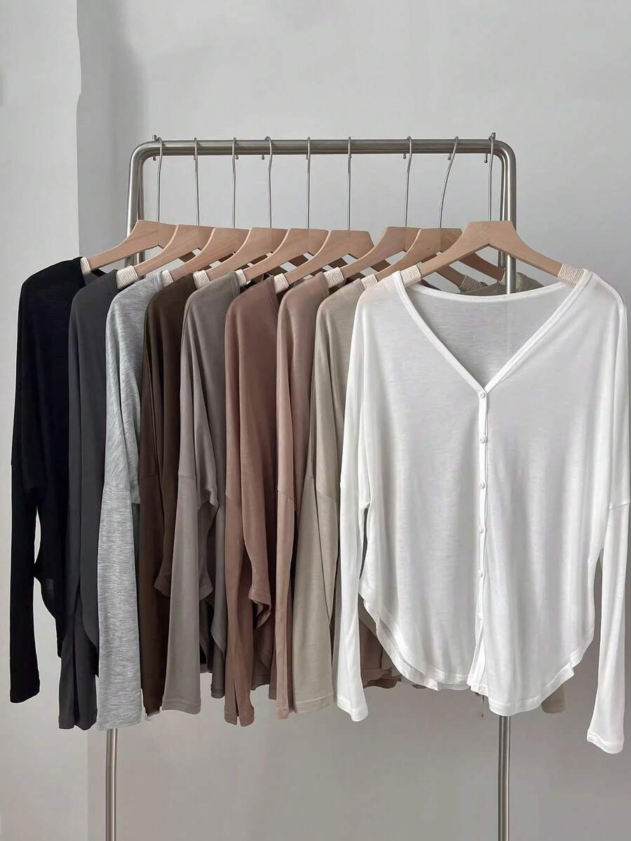 1pc Women's Asymmetrical V-Neck Button Cardigan Long Sleeve Air Conditioning Shawl, Oversized - Sun Protection Cape - View 1