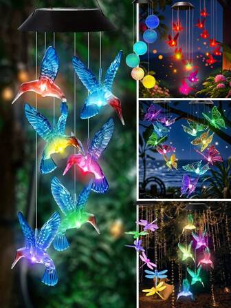 1Pc Color Changing Solar Power Wind Chime Spiral Spinner Wind Mobile Portable Waterproof Outdoor Decorative Romantic Wind Bell Light For Patio Yard Garden Home (Crystal Ball, Cardinals, Dragonflies, Butterflies, Hummingbirds.)