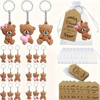 54件套小熊礼品套装（18个可爱小熊钥匙扣+18个小袋子+18张牛皮纸感谢标签），生日派对用品装饰背包，卡通汽车配件，哥特风Y2K包包配件，带证件夹的挂绳，汽车配件，包饰，圣诞节汽车配件，送给老师、朋友、姐妹的礼物创意