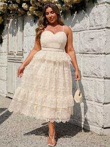 Simplee Women's Summer New Delicate Mesh Embroidered Maxi Dress, Adjustable Spaghetti Straps, Ruffle Waist Design Slimming, Romantic Floral Embroidery, Suitable For Wedding Guest, Garden Party, Vacation - Apricot - View 4
