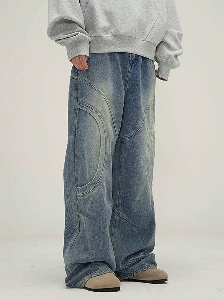 1pc Men's Casual Loose Fit Vintage Washed Patchwork Design Wide Leg Jeans Pants - Blue - View 1