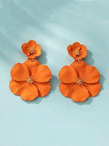 1 Pair Metal Asymmetrical Colorful Multi-Layer Flower Stud Earrings, Date Gift Valentine's Day Accessories - Orange - View 1