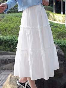 Falda blanca de corte A, temperamento de color sólido, falda de longitud media, falda larga plisada estilo resort informal - Blanco - Ver 2
