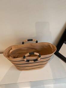 大容量草编手提包，休闲百搭女士手提包，条纹图案购物袋，超大手提包，春夏 - 卡其色 - 查看 5