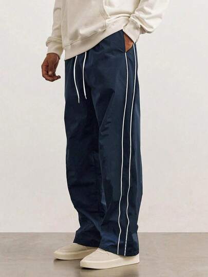 Casual Striped Sport Straight Leg Pants For Men, Loose Fit Solid Color Versatile Long Trousers, Spring/Autumn, Fall