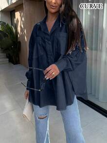 Plus Size Women's Solid Color Collared Button-Up Shirt Spring - Navy Blue - View 3