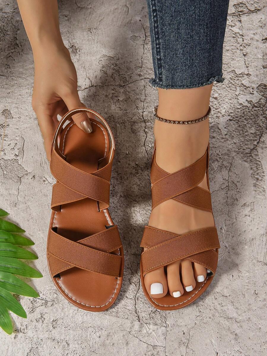 Women's Flat Sandals, Fashion Casual Elastic Band Breathable Wide Fit Outdoor Lightweight Versatile Elegant Sandals - Brown - View 1