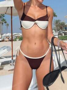 2 pezzi Set bikini da donna, effetto snellente, stile push-up con disegno allegro a laccetti, adatto per spiaggia e feste in piscina estive