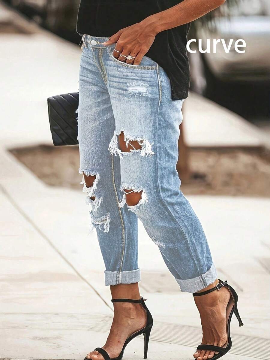 2025 European And American Spring And Summer New Casual Mid-Waist Ripped Straight Pants Street Style Long Jeans For Women