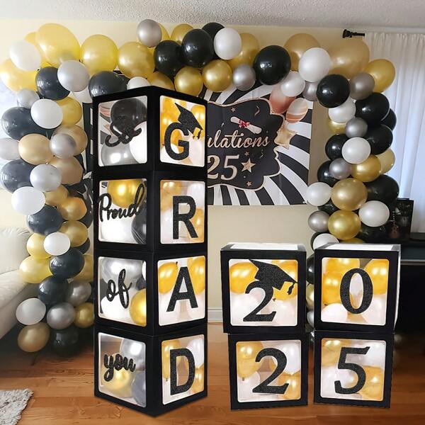 Class Of 2025 Graduation Party Decorations - 4 Black Balloon Boxes With "GRAD 2025 So Proud Of You" Lettering, Paper Balloon Garland, No Electricity Required, Featherless, Graduation Occasion Supplies