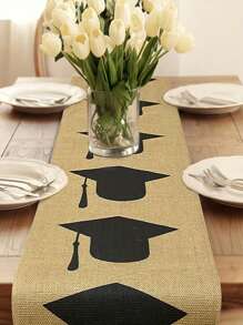 Graduation Decorations 2025 Season Pattern Table Runner Decoration Table Season Dining Table Runner,Graduation Gifts,Indoor & Outdoor ,Congratulations Graduation Table Cover With Hat Pattern,Tablecloth, Rustic Graduation Theme Tablecloth, Decoration, Suitable For Party, Room Decoration