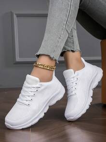 Women's Minimalist Knit Sneakers, Elastic Lace-Up Road Running Shoes, Slip-Resistant, Suitable For All Seasons - White - View 4