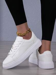 White Women Sports Shoes, Classic Round Toe Lace-Up Thick Sole Sneakers, Shock-Absorbing Comfortable Skateboarding Shoes, Gift For Festivals, Birthdays, Students - White - View 5