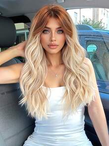 26 英寸金色假发长卷发渐变金色假发带刘海女士日常派对角色扮演假发音乐节时尚假发复活节礼物 - 漸變金色 - 查看 1