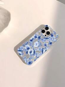 Funda de teléfono con flores, funda de teléfono azul, 1 pieza, funda de teléfono suave a prueba de golpes y a prueba de agua con patrón floral minimalista azul con brillo, compatible con Apple - Multicolor - Ver 2