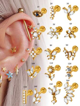 1 件不锈钢蝴蝶耳屏软骨耳环内螺纹金色/银色唇钉唇钉戒指锆石耳垂耳环穿孔身体首饰