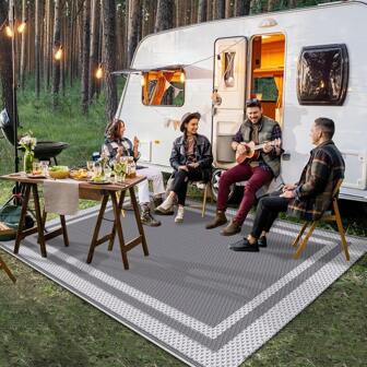 Reversible Portable Plastic Woven Camping Rug With Carry Bag + 4 Pegs, Suitable For Outdoor RV, Large Waterproof Outdoor Mat For Patio, Deck, Porch, Balcony