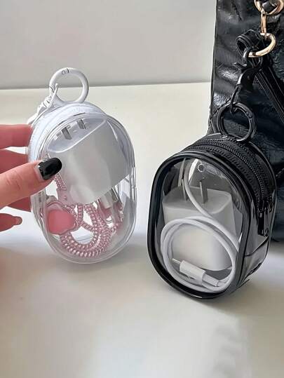 Data Cable Charger Charging Storage Transparent Winding Portable Portable Portable Outdoor Headphone Storage Box Phone Organizing Bag Portable Transparent Data Cable Storage Bag, Mini Zipper Storage Bag, Compact Multifunctional Storage Bag
