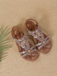 Plus Size Women's Rhinestone Decor Open Toe Wave Pattern Flat Sandals, Breathable Bohemian Style, Spring/Summer - Brown - View 5