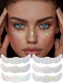 6张闪光雀斑全息贴纸，心形雀斑纹身贴纸，防水临时纹身贴纸，带有闪光星星心形点状图案，适合成人，可用于派对、节日、日常妆容等。