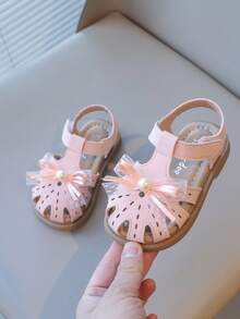 1 Pair Girls' Flat Sandals, Closed Toe, Versatile Minimalist Design With Hook And Loop Closure, Suitable For Outdoor Wear In Summer - Pink - View 4