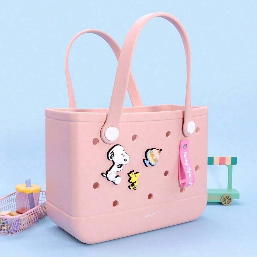 Miniso Snoopy Series Multifunctional Hole Punch Tote Bag, Adorable Cartoon Decoration, Multiple Color Options,Great Gift (1 PC) - Pink - View 1