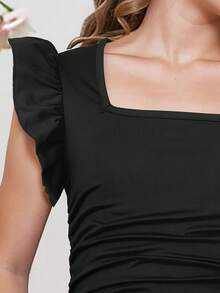 迷人褶饰方领紧身连衣裙，适合女孩，春夏派对休闲连衣裙礼物 - 黑色 - 查看 5