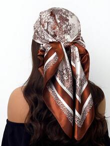 90cm女士方形围巾，真丝装饰披肩，夏季防晒面纱' - 咖啡棕 - 查看 5