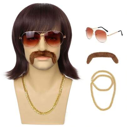 70s 80s Disco Wig With Beard, Glasses And Chain, Short Mullet Wig, Suitable For 60s Rock Star, Hippie Funny Costumes, Fluffy Style, For Cosplay, Halloween Party