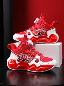 High-Top Youth Lace-Up PU Upper Outdoor Casual Sneakers, Comfortable And Fashionable Field Training Sports Basketball Shoes - Red - View 4