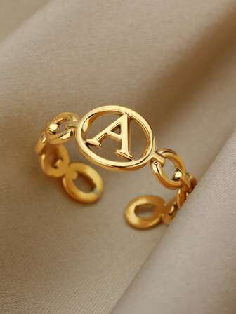 1入組歐美簡約風時尚不銹鋼鍍金26英語字母打開圓環,中性,合適的適用於日常穿著