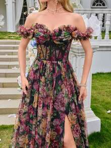 Kexmon Elegant Romantic Handmade Flower Decor Off Shoulder Mesh Floral Dress With Slit, Heavy Work Lady's Formal Party Evening Gown Wedding Guest Dress Prom Dress