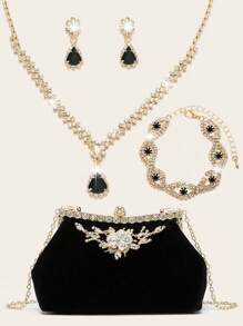 Conjunto de joyas de mujer con cristales de aspecto brillante, lujoso conjunto de joyas con cristales de agua que incluye collar, aretes y pulsera. Bolso de fiesta suave con cristales tallados. Bolso de mujer de fiesta personalizado para novia y boda, bolso elegante y brillante.