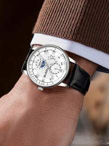 GUANQIN 1pc GUANQIN Luminous Watch With Weekly Month Calendar Multi-Functional Moon Phase Dial 24 Hour Display Wear-Resistant Comfortable PU Leather Strap Fashion Business Luxury Sporty Classic Simple Casual Mechanical Style Men Automatic Quartz Watch Suitable For Father's Day,Festivals,Dating,Business, Daily,Gifts