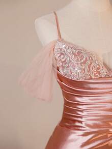 Graceful Pink Satin Spaghetti Strap Fitted Dress For Valentine's Day, Sisters, Evening Party, Wedding Season, Bridesmaid Dress - Pink - View 3