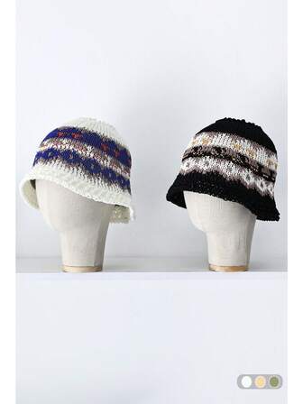 1 件复古拼色编织渔夫帽，时尚百搭镂空女士遮阳帽，春夏彩色条纹手工编织草帽，沙滩/度假太阳帽