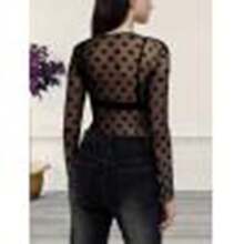 Women's Mesh Fishnet Top See Through Cover Up Sand Perspective Love Base Short Sleeves T Shirts Sheer Blouse - Black - View 3