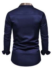 Herren kariertes Patchwork Hemd mit offenem Kragen, Langarm, Business Lässig, Frühling/Herbst - marineblau - Übersicht 2