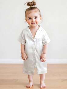 Infant Baby Girl Boy Silk Jumpsuit Pajamas Short Sleeve Button-Up Satin Pjs Footie Romper Pajama Nightgown - 白色 - 查看 1