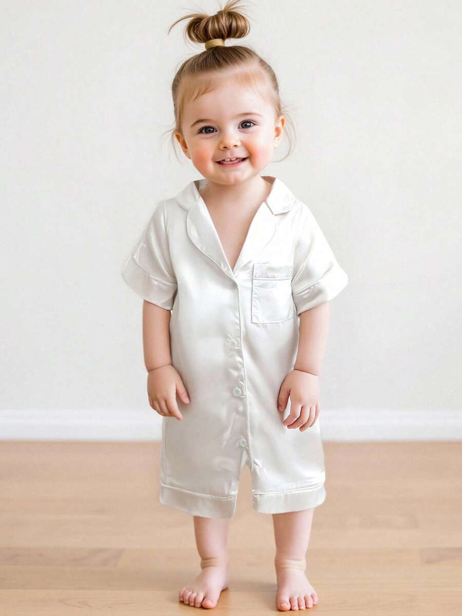 Infant Baby Girl Boy Silk Jumpsuit Pajamas Short Sleeve Button-Up Satin Pjs Footie Romper Pajama Nightgown - 白色 - 查看 1