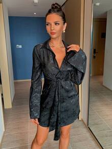 Joyfunear Elegant Commuter Jacquard Front Button Shirt Dress