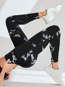 扎染紧身裤，女士收腹运动跑步瑜伽裤，Core Rhythm 扎染印花高腰弹力运动紧身裤