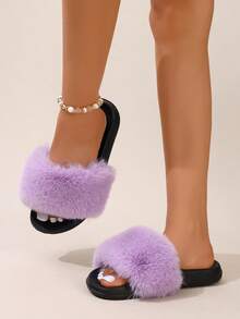 Women Fluffy Colorful Slippers, Solid Color Long Fur, Non-Slip Sole, Perfect For Summer Beach, Home, Casual Wear - Light Purple - View 3