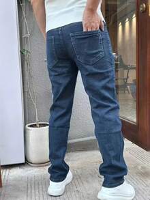Men's Retro Slim Fit Simple Washed Blue Stretch Denim Jeans - Medium Wash - View 7