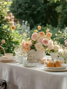 1pc Plain Linen Tablecloth With Ruffle Hem, Vintage Rustic Style For Kitchen, Dining Table, Coffee Table, TV Stand, Valentine's Day, Wedding Decor - Multicolor - View 7